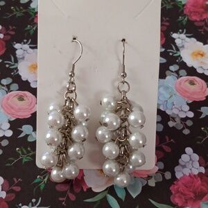 Elegant Silver Tone Faux  Pearl Cluster Earrings New!